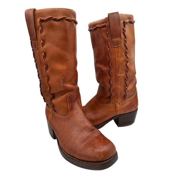 VTG CAMPUS BOOT Braided  Square Toe Western Camel Brown Leather Men\'s Size 9.5 main image 7
